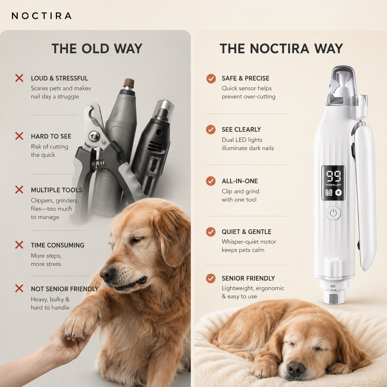 Noctira 2-in-1 Dog & Cat Nail Clipper + Grinder — Quick-Sensor Trimmer for Senior & Anxious Pets