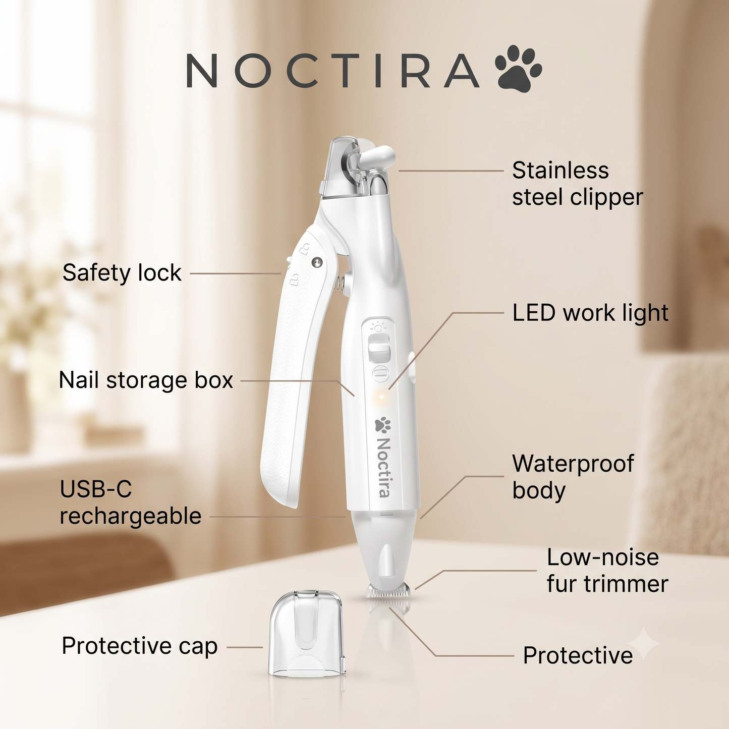 Noctira 2-in-1 Pet Nail Clipper & Paw Trimmer — Quiet Grooming Kit for Small Dogs & Cats
